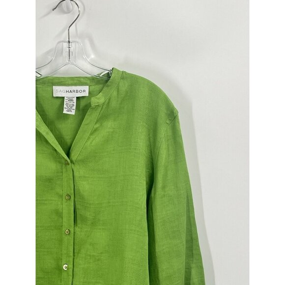 Sag Harbor Green Linen Button Up Shirt 3/4 Sleeve Sz Large Lagonlook Classic - Picture 3 of 5